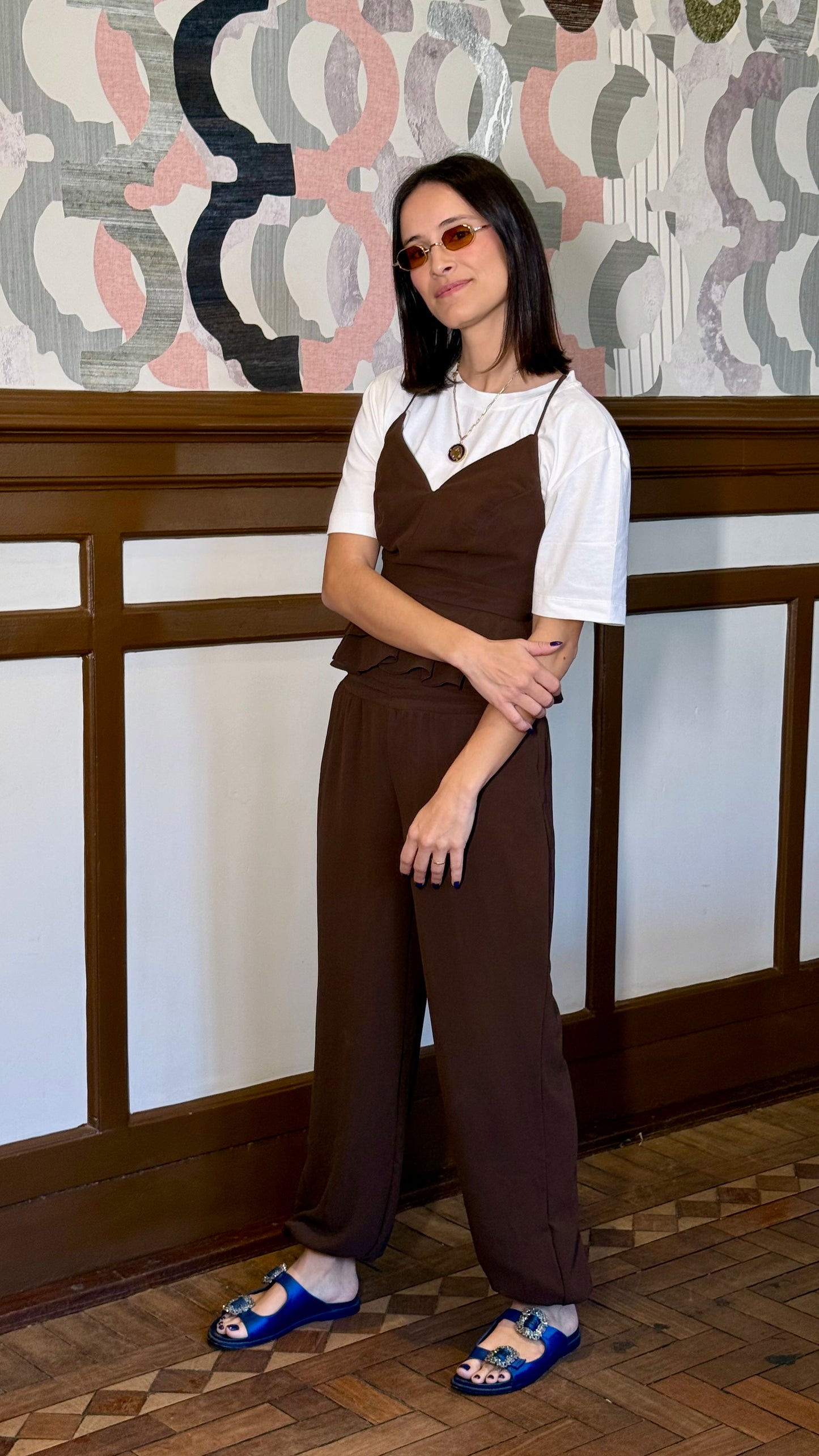 Conjunto georgette top peplum amarração + calça aladim