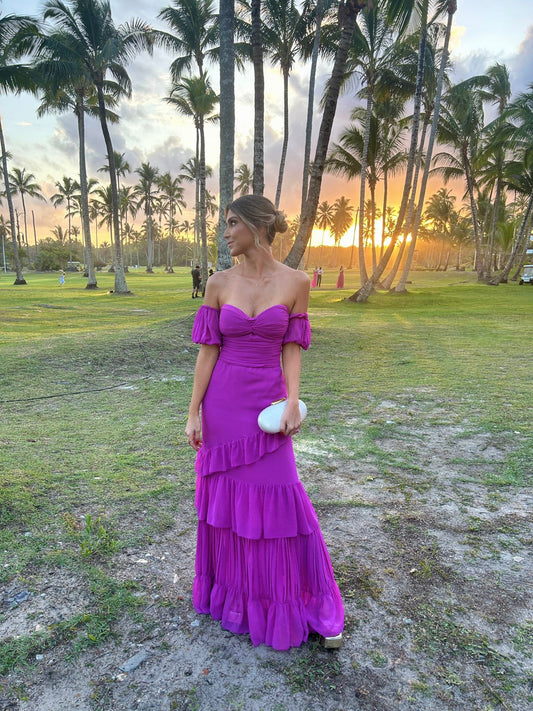 VESTIDO TOMARA-QUE-CAIA BABADOS DRAPEADOS