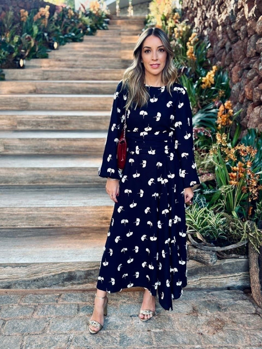 Vestido Midi Flores Bordadas Cru 3D