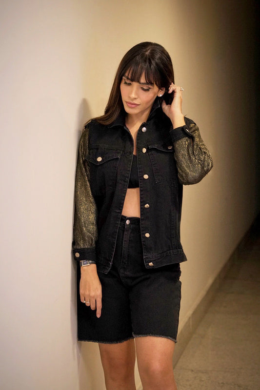 Jaqueta Colete Jeans Black manga metalizada removível