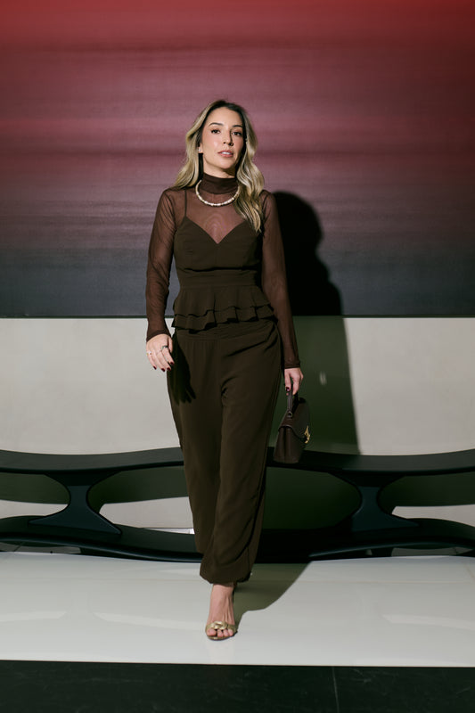 Conjunto georgette top peplum amarração + calça aladim
