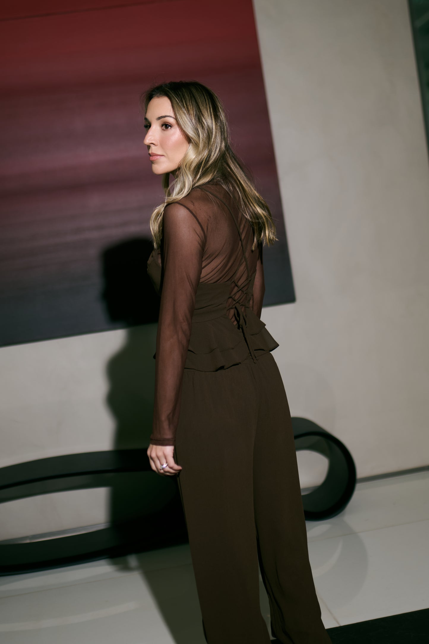 Conjunto georgette top peplum amarração + calça aladim