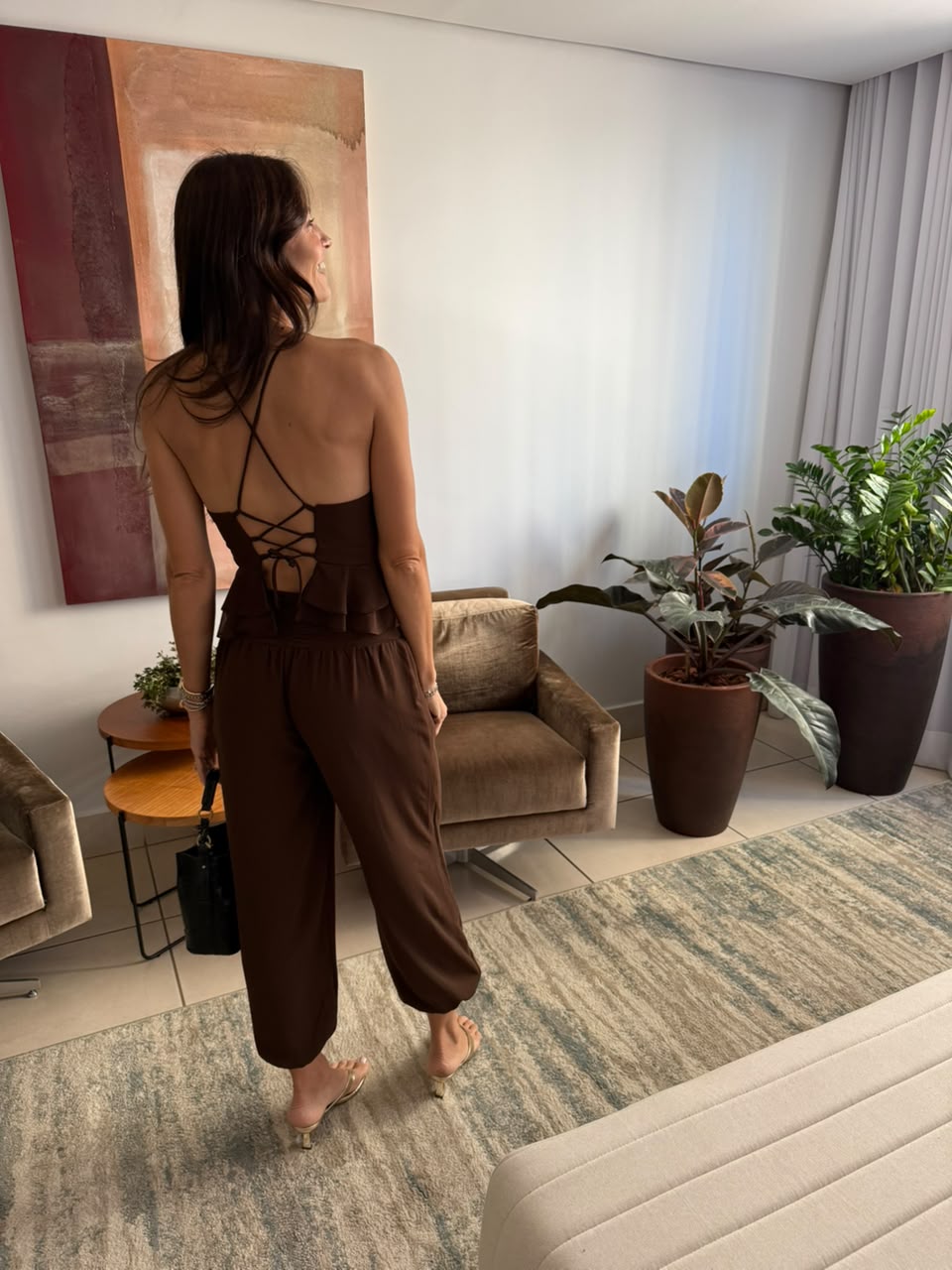 Conjunto georgette top peplum amarração + calça aladim