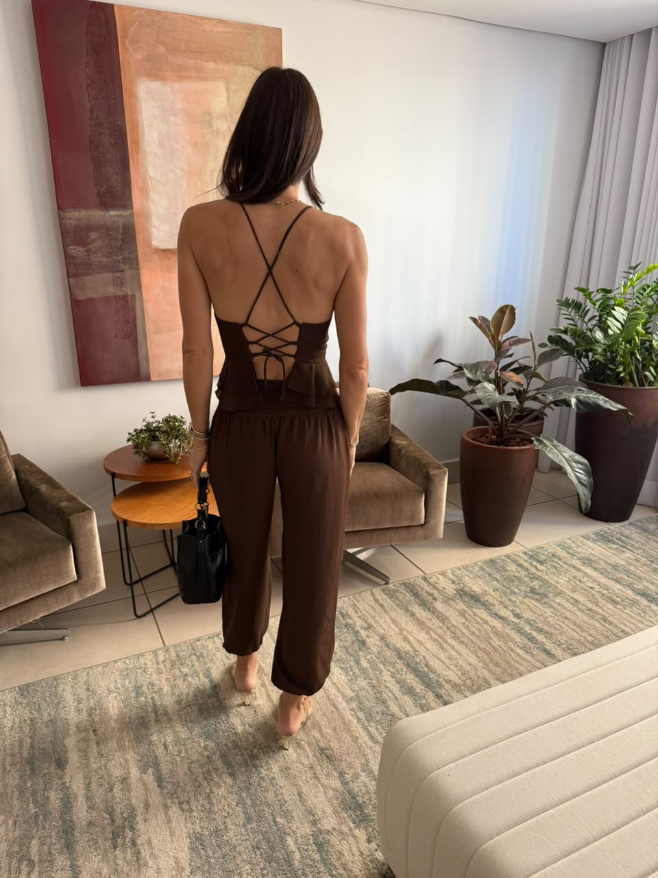 Conjunto georgette top peplum amarração + calça aladim