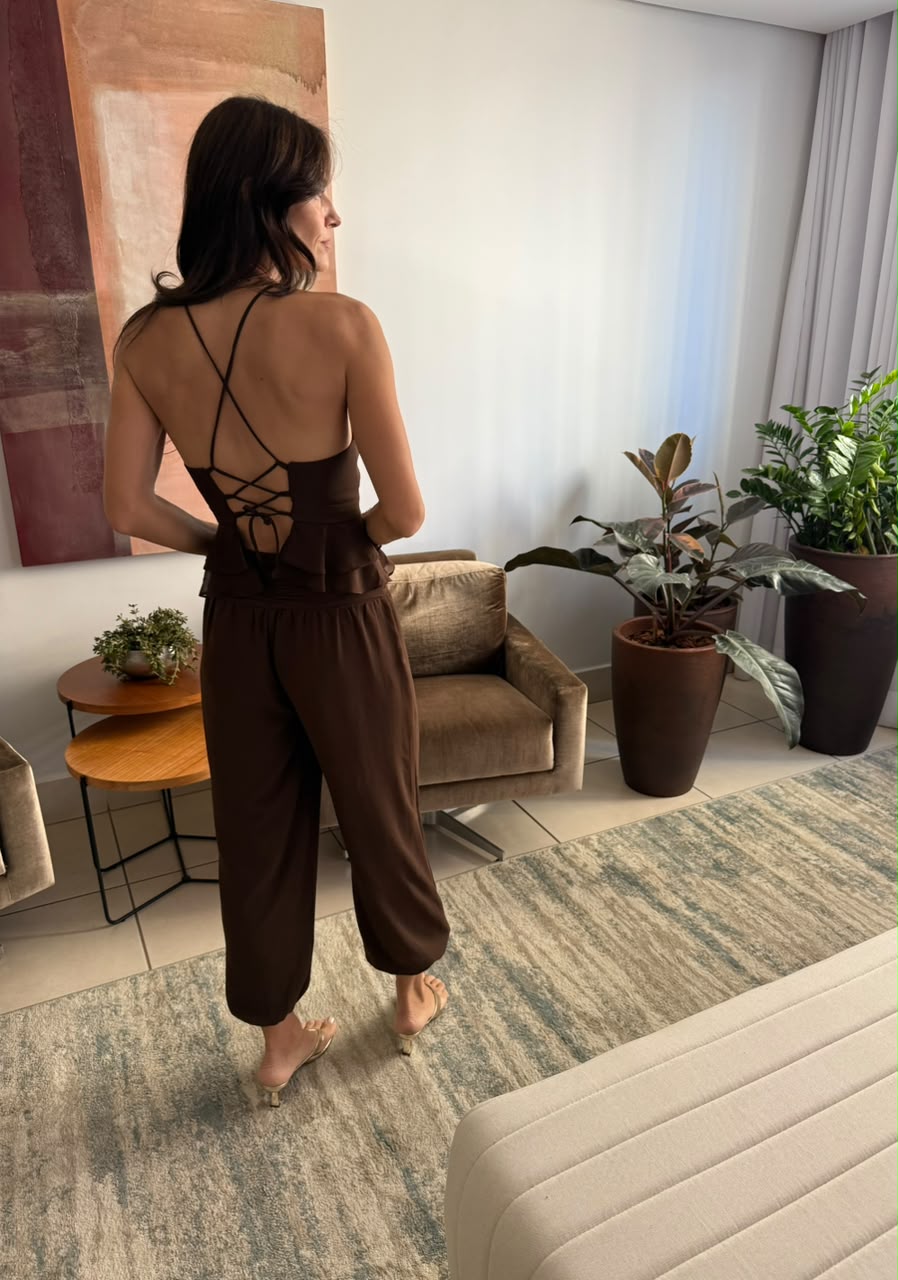 Conjunto georgette top peplum amarração + calça aladim