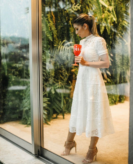 Vestido Midi Renda Francesa Off White com Flores 3D