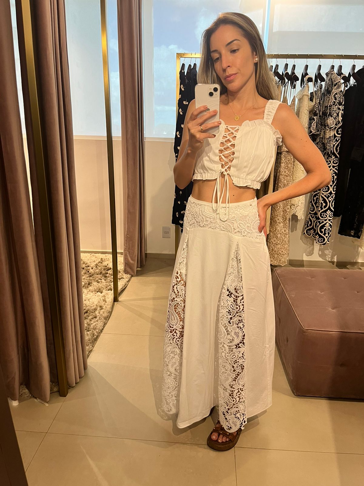 Conjunto top linho drapeado amarração