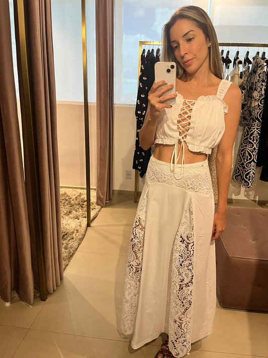 Conjunto top linho drapeado amarração